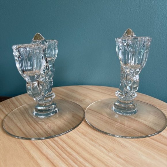 Vintage Pair Heisey Trident Double Candle Holders Crystal Etched Orchid Clear 19 - Picture 4 of 10